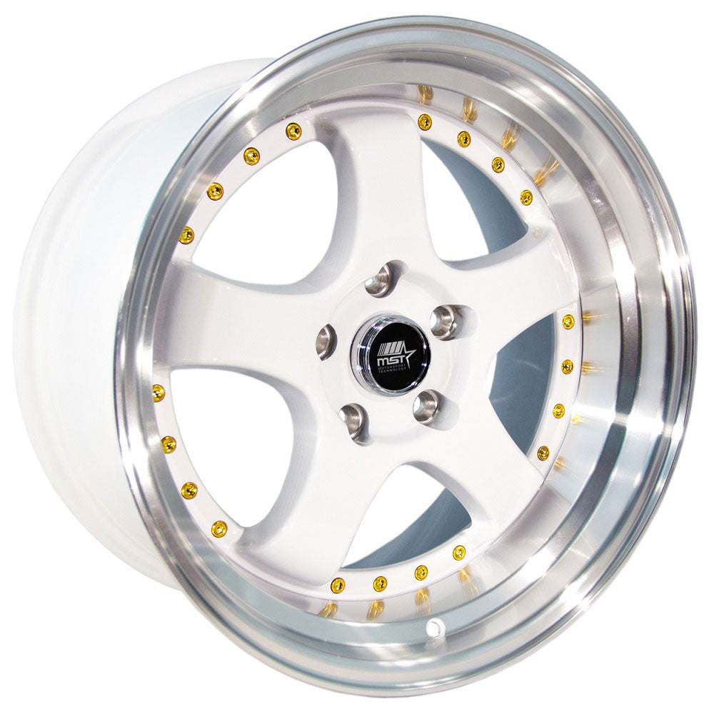 MST MT07 18x9.5 5x114.3 20 ET 73.1 CB White w/Machined Lip Gold Rivets